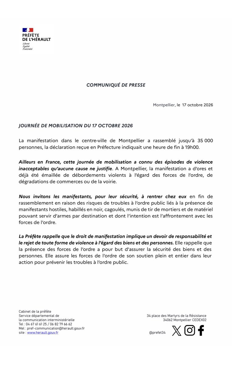 Prefet34's tweet photo. La préfète condamne fermement les débordements en cours dans Montpellier et la violence à l’encontre des forces de l’ordre auxquelles elle réaffirme son plein et entier soutien. https://t.co/HJS4VF5HvU
