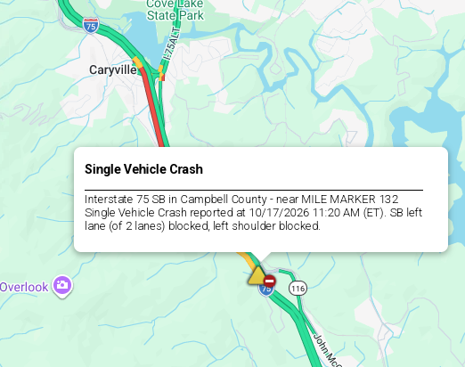 LiveTraffic2's tweet photo. Campbell County/Caryville Area- A crash being cleared on I-75 southbound at 132 mm 12:19pm ET. https://t.co/5uK3es08Su #CommanderChuck #Knoxville #Kentucky #Tennessee #TDOT #Traffic #TrafficAlert #Follow #Gas #Live #THP #Weather #UT #GBO #UTVOLS #VFL https://t.co/ARN9QZzgRt