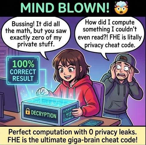 PakCryptOrg's tweet photo. ok fully homomorphic encryption is actual black magic and we're not talking about it enough

you can run ANY computation on data while it stays fully encrypted the whole time. you send encrypted data to a server, it does all the work, sends back an encrypted result, you decrypt it and it's exactly what you would have gotten if it ran on the raw data. the server never sees shit.

why this is huge:
- cloud computing where the cloud can't spy on you
- AI that can do inference on your private data without ever seeing it
- medical research where hospitals let you analyze patient data without ever giving you the decryption keys

untrusted servers processing sensitive data safely. that's the dream.

so why isn't everything using it?
because the math is cursed. it's all lattice-based cryptography, LWE and Ring-LWE problems. and every operation you do adds invisible noise to the ciphertext. do too much and the whole thing breaks and becomes undecryptable.

the fix is called bootstrapping - refreshing the ciphertext to remove noise WITHOUT ever decrypting it. implementing and optimizing that requires math intuition that normal software engineering just does not teach. 
#CyberSecurity #CryptoCommunity #CryptoGems