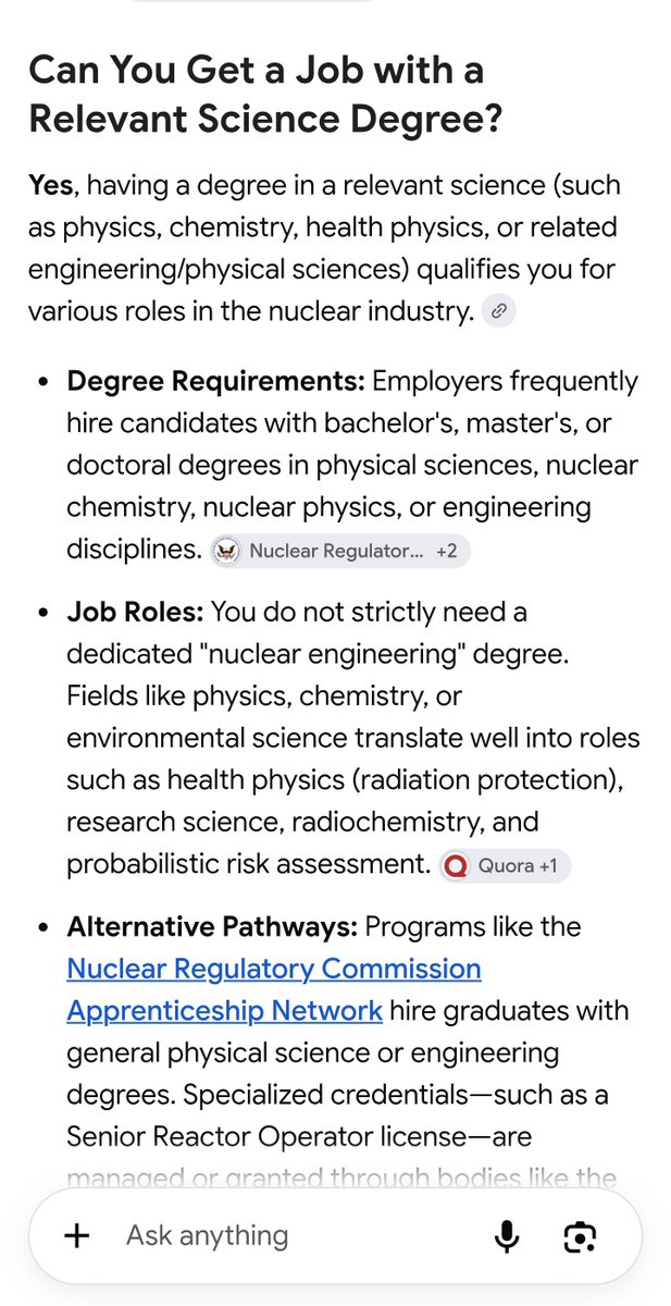 mack_hat's tweet photo. And he has a B.S. in a science field as required and has demonstrated relevant work if grok is to be believed. Professional fields require acknowledgement from a governing board. That has nothing to do with a job posting requirements. Now if he said he was a professionally licensed nuclear engineer then yes he would be lying. You are acting like being a scientist is a professionally licensed field, that is not true.