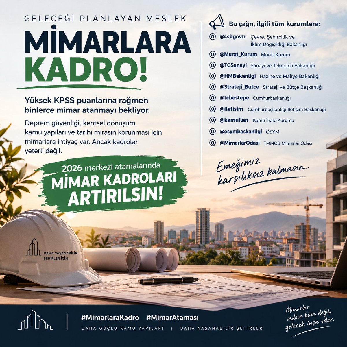 merttkimki's tweet photo. 🏛️ Kamu binaları, şehirlerin planlanması, kentsel dönüşüm, deprem güvenliği ve kültürel mirasın korunması için mimarlara ihtiyaç var.
Talebimiz açık: KPSS merkezi atamalarında mimar kadroları artırılsın!
#mimarlara1000atama https://t.co/Dx2FItuKHq