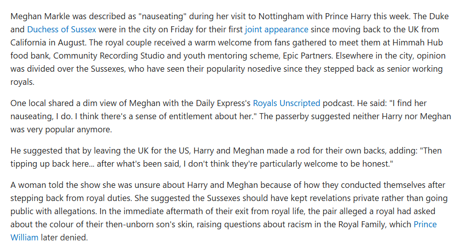 MDymore's tweet photo. #FOHarryandMeghan #HarryIsATraitor #MeghanIsAFraud
"Meghan Markle and Prince Harry savaged by Nottingham locals: 'She's nauseating!'." https://t.co/G3KtuMqxbV