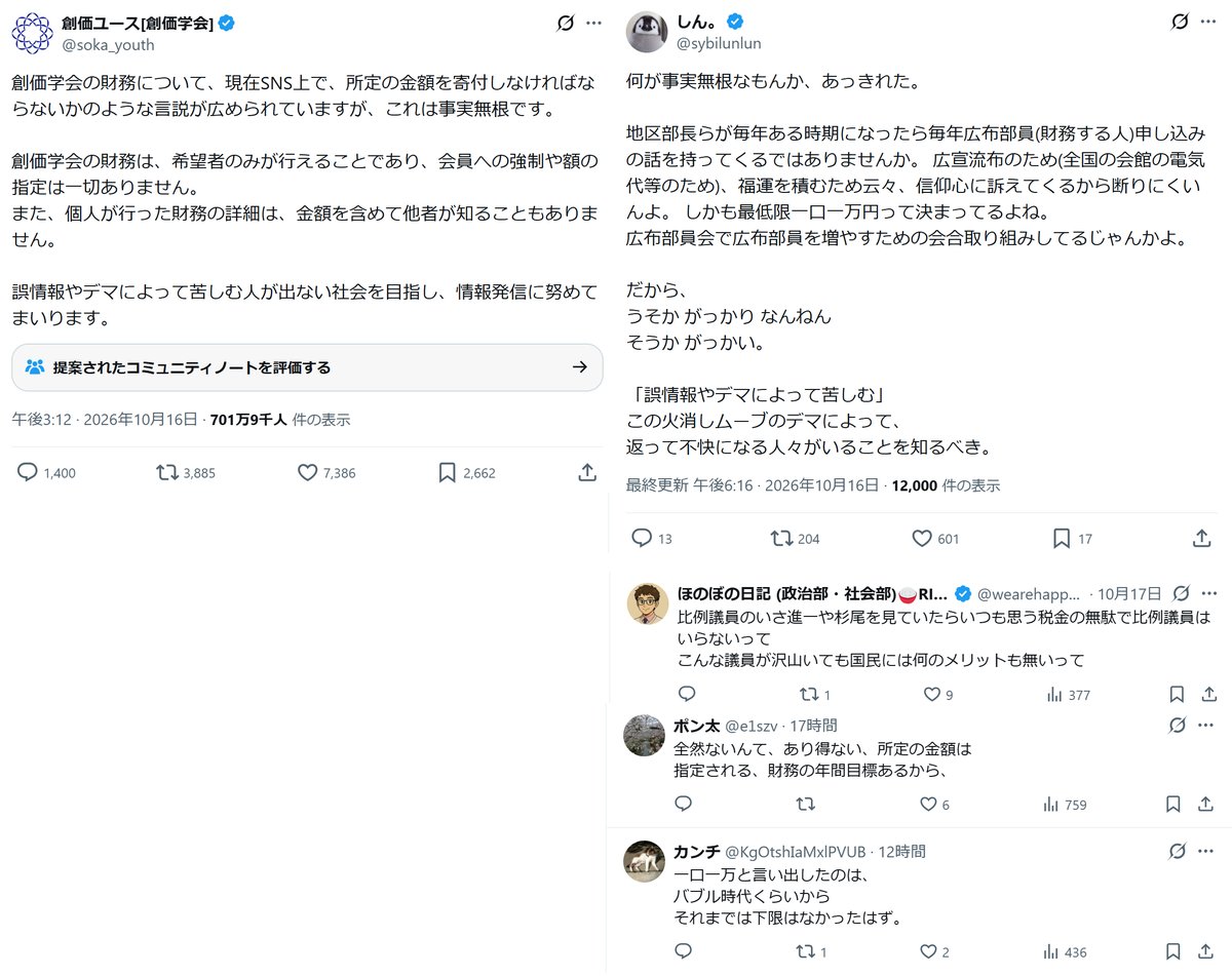 ginseiou's tweet photo. 【悲報】創価学会さん

「ウチでは信者に財務(寄付)を強制する様な真似はしていない！デマは止めろ！」

と書いたら信者達から

「そんな訳あるかボケ！(意訳)」

と総ツッコミを食らう羽目になりコミュニティノート貼られまくるw

給付金が支給されたら公明党に対する"恩返し"を求めていた模様w

やはり自民が連立を絶ったのは大正解だった模様w