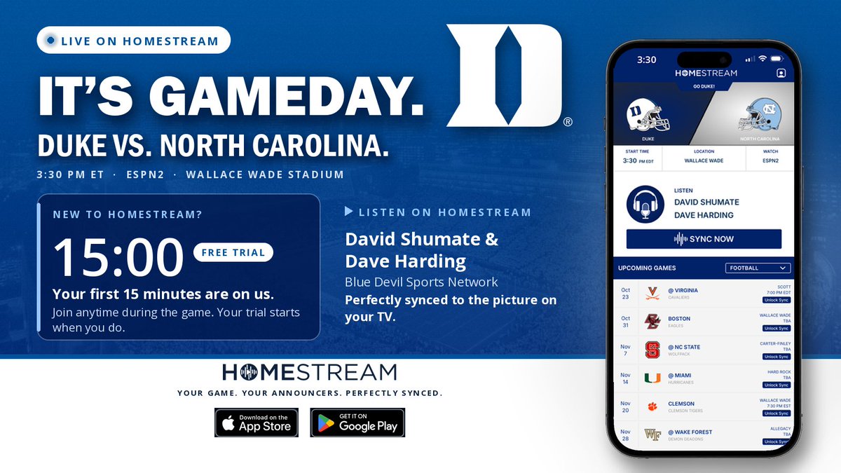 homestream_app's tweet photo. Listen to the Blue Devil Sports Network perfectly synced to the picture on ESPN2 with Homestream. GO DUKE!
https://t.co/9lJoUIwggv
#Homestream #GoDuke #VictoryBell #DukevsUNC https://t.co/VzX8B88540