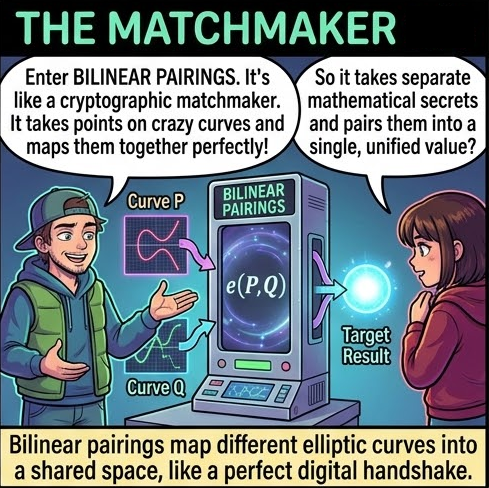 PakCryptOrg's tweet photo. ok bilinear pairings sound like made-up math but they power some of the most useful crypto tricks we have

it's a function that takes two points on an elliptic curve and maps them to a point in a finite field, but it preserves the algebraic structure while doing it. basically it lets you do this magic multiplication between curves that shouldn't be possible.

why you should care:
this is the engine behind Identity-Based Encryption where your email address literally IS your public key. no certificate, no key lookup. and it's the foundation of BLS signatures where you can take thousands of separate digital signatures and aggregate them into ONE single verifiable signature. this is how modern decentralized networks do consensus without getting completely bottlenecked.

so why does no one understand it?
regular elliptic curve crypto is easy to visualize, it's just adding points on a curve. pairings are not. you need advanced algebraic geometry, Weil or Tate pairings, divisor theory over extension fields. it's so abstract that even seasoned cryptographers just treat pairings as a theoretical black box and hope it works.