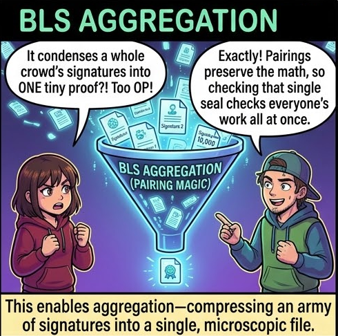 PakCryptOrg's tweet photo. ok bilinear pairings sound like made-up math but they power some of the most useful crypto tricks we have

it's a function that takes two points on an elliptic curve and maps them to a point in a finite field, but it preserves the algebraic structure while doing it. basically it lets you do this magic multiplication between curves that shouldn't be possible.

why you should care:
this is the engine behind Identity-Based Encryption where your email address literally IS your public key. no certificate, no key lookup. and it's the foundation of BLS signatures where you can take thousands of separate digital signatures and aggregate them into ONE single verifiable signature. this is how modern decentralized networks do consensus without getting completely bottlenecked.

so why does no one understand it?
regular elliptic curve crypto is easy to visualize, it's just adding points on a curve. pairings are not. you need advanced algebraic geometry, Weil or Tate pairings, divisor theory over extension fields. it's so abstract that even seasoned cryptographers just treat pairings as a theoretical black box and hope it works.