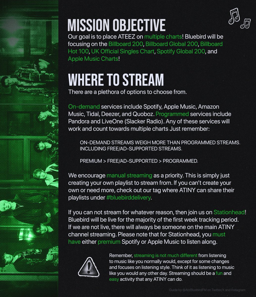 AtzBluebirdFM's tweet photo. Mission Objective: Our goal is to place ATEEZ on multiple charts. This includes the Billboard 200, Billboard Global 200, Billboard Hot 100, UK Official Singles Chart, Spotify Global 200, and Apple Music charts. https://t.co/4erDBOFy4h