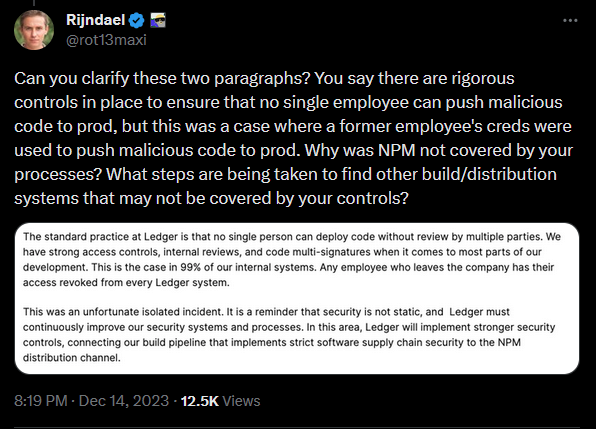 miyaspokeofthis's tweet photo. Ledger is known for going above and beyond to protect customers. You certainly went above and beyond on basic corporate security by not revoking former employee access and not enforcing 2FA (connect kit exploit). You also went above and beyond in protecting user data from leaks. https://t.co/GkJ4zxOYYB