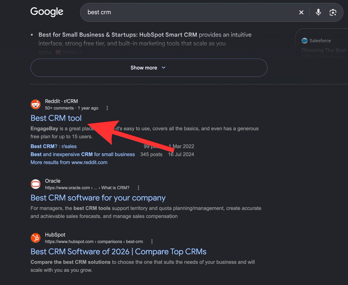 ibothinks's tweet photo. google ranks a 1 year old reddit thread above oracle and hubspot for "best crm"

and you're still not on reddit https://t.co/bypE5PXmF0