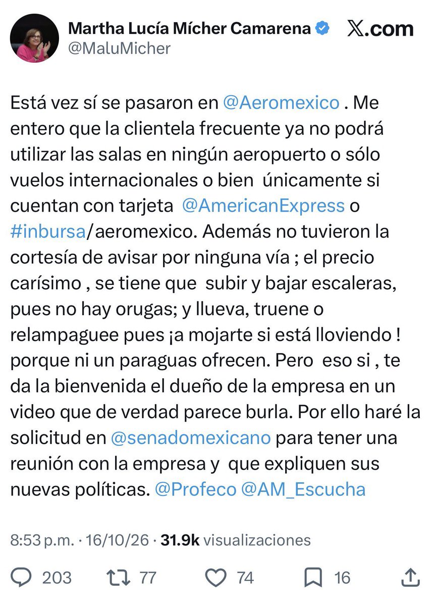 DeniseDresserG's tweet photo. México enfrenta una crisis de salud, desabasto de medicamentos, inseguridad e impunidad. ¿Y qué preocupa a la senadora de Morena, Malú Mícher? ¡Que Aeroméxico le quite privilegios a los viajeros frecuentes! Incluso quiere llevar el asunto al Senado. Qué peculiar manera de entender la representación popular. Sale a defender las salas VIP mientras millones de mexicanos carecen de servicios básicos. La desconexión de las élites de Morena con el país real es monumental.