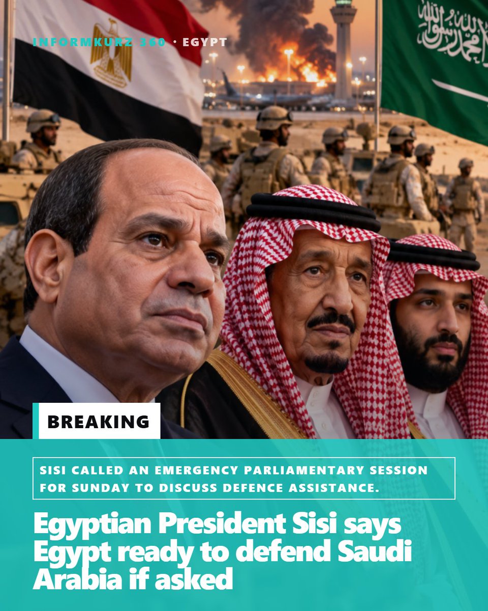 informkurz's tweet photo. Egyptian President Abdel Fattah al‑Sisi announced that Egypt would take any measures needed to defend Saudi Arabia if the kingdom requests help.

#informkurz #informkurz360 #egypt #saudiarabia #houthi #redsea #parliament #defence #meccaalignement #yemen #sissi #coalition https://t.co/tDnkhGJFaS