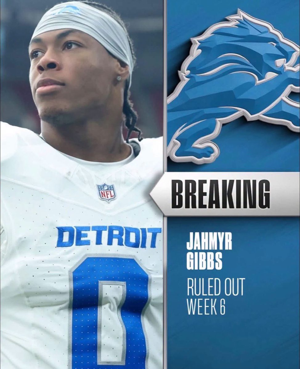 GMiddySports's tweet photo. Detroit Lions Jahmyr Gibbs ruled out for week 6 😳
#OnePride https://t.co/xaTwoLKzbt