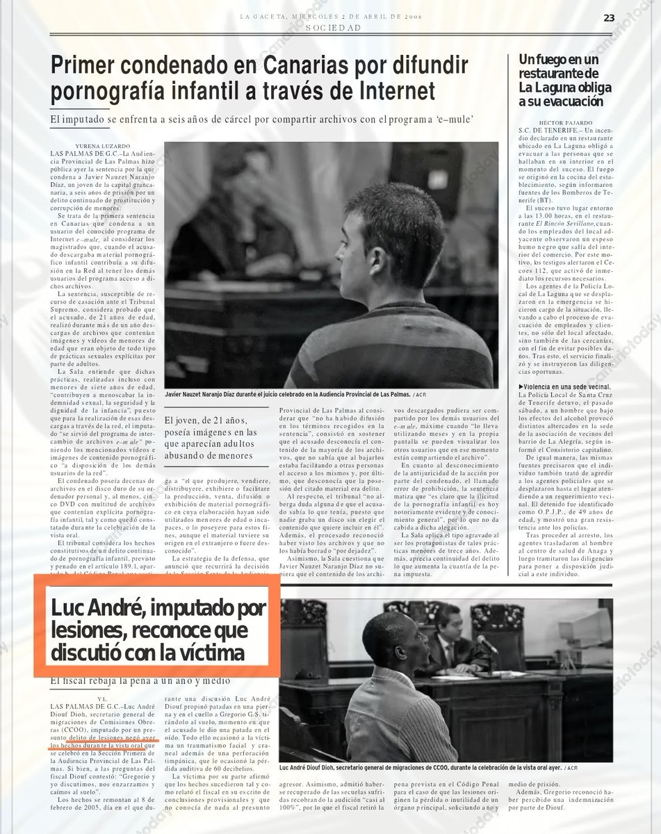 CanarioToday's tweet photo. 🚨 El número 2 de la lista del PSOE en Las Palmas es Luc André Diouf.

Vivió 4 años como inmigrante ilegal en las islas y fue condenado a un año y seis meses de prisión por una agresión que causó a la víctima traumatismos faciales, craneales y una perforación en el tímpano.

➡️ Actualmente en el PSOE: secretario de Políticas Migratorias y Refugiados de la Comisión Ejecutiva Federal, desde 2021.

➡️ Anteriormente en Comisiones Obreras (CCOO): secretario de Migraciones de CCOO Canarias entre 2005 y 2014; previamente, coordinador del Área de Migraciones entre 2000 y 2005.

En una información publicada por La Gaceta el 2 de abril de 2008, Luc André Diouf negó los hechos durante la vista oral. Sin embargo, según el mismo artículo, reconoció que había mantenido una discusión con la víctima y declaró: "Gregorio y yo discutimos, nos enzarzamos y caímos al suelo".

Posteriormente, la sentencia 52/2008 de la Audiencia Provincial de Las Palmas recoge los hechos probados y la condena por lesiones. 

🕵🏻‍♂️ La resolución difundida aparece anonimizada. La identificación del condenado como Luc André Diouf ha sido publicada por Maldita. 

📍Fuentes: La Gaceta, 2 de abril de 2008.

📍Sentencia 52/2008 de la Audiencia Provincial de Las Palmas; https://t.co/XOhSNwFo9t