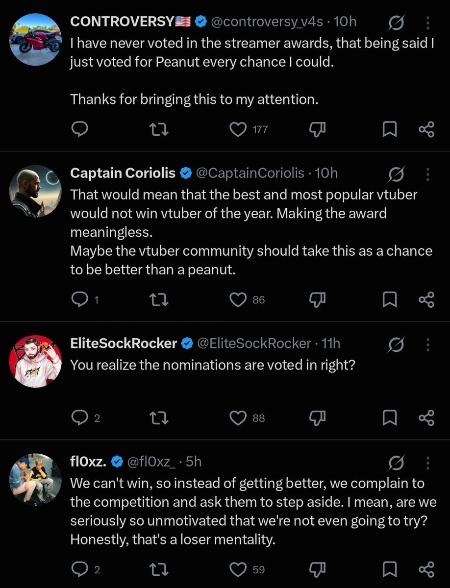 Vensaval's tweet photo. This is exactly what I mean by normies hate VTubers and why people shouldn't care about the Streamer Awards.

Here you have Camila making a polite plea to Peanut to step down as a nominee (which would never happen) and you have all these folk crawling out of the woodwork to trash on her for it.

The people behind the Streamer Awards don't give a damn about VTubers.

And that's fine. We shouldn't want them to anyway. Let them do their own thing and VTubers can keep doing their own thing.