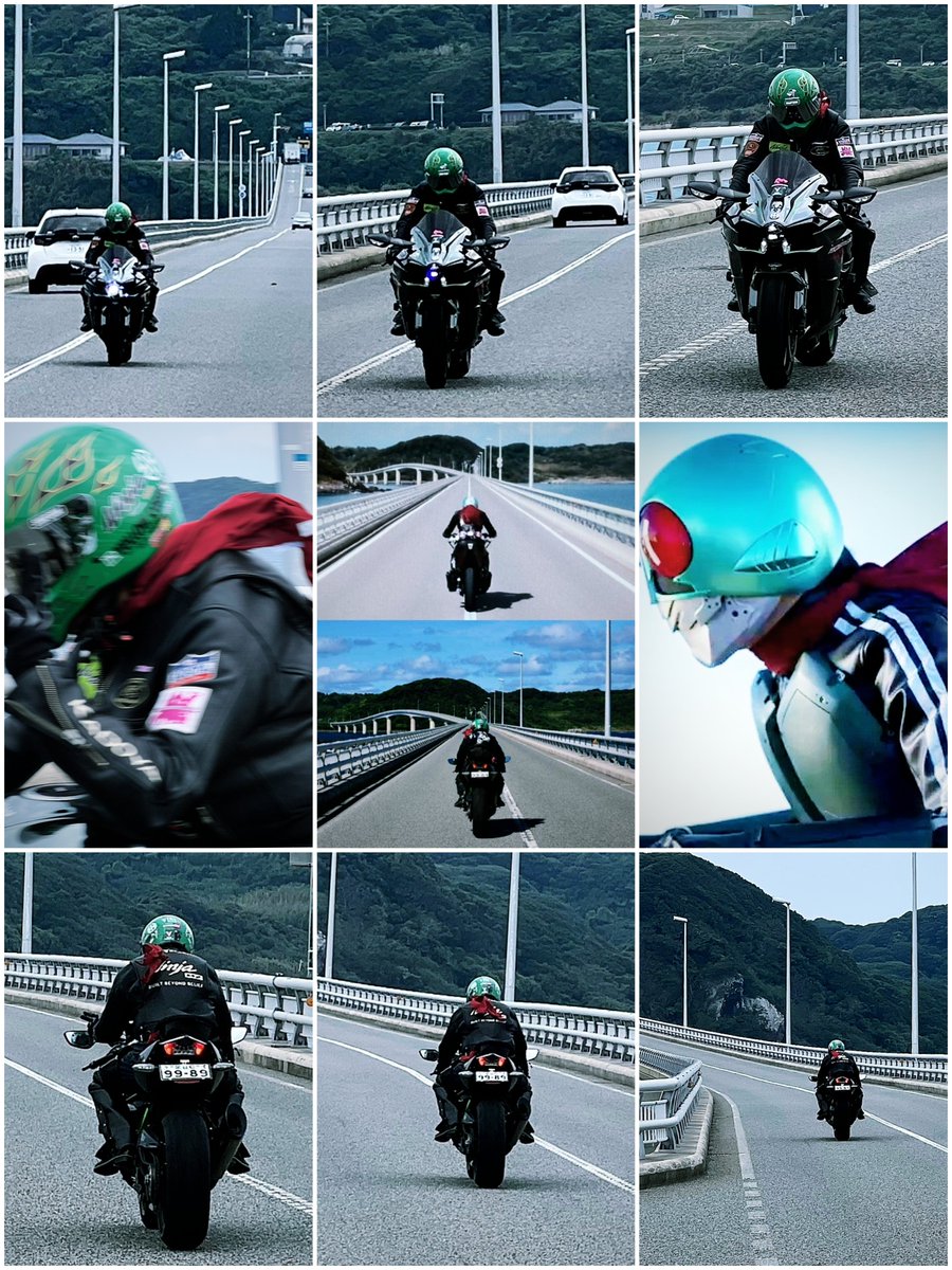 nitroman_jun's tweet photo. 今年も行って来ました。山口県の角島大橋！映画・シン仮面ライダーのラストシーンっぽく撮って貰いましたっ♪感謝です���！　#角島　#山口県下関市#ninjah2 #シン仮面ライダー https://t.co/pIlFYL0xWV