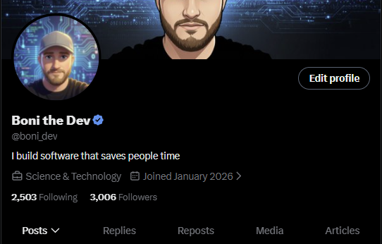 boni_dev's tweet photo. I just hit a huge MILESTONE! 
3k 🥳🥳
Thank you guys https://t.co/s9oFFUxKjC