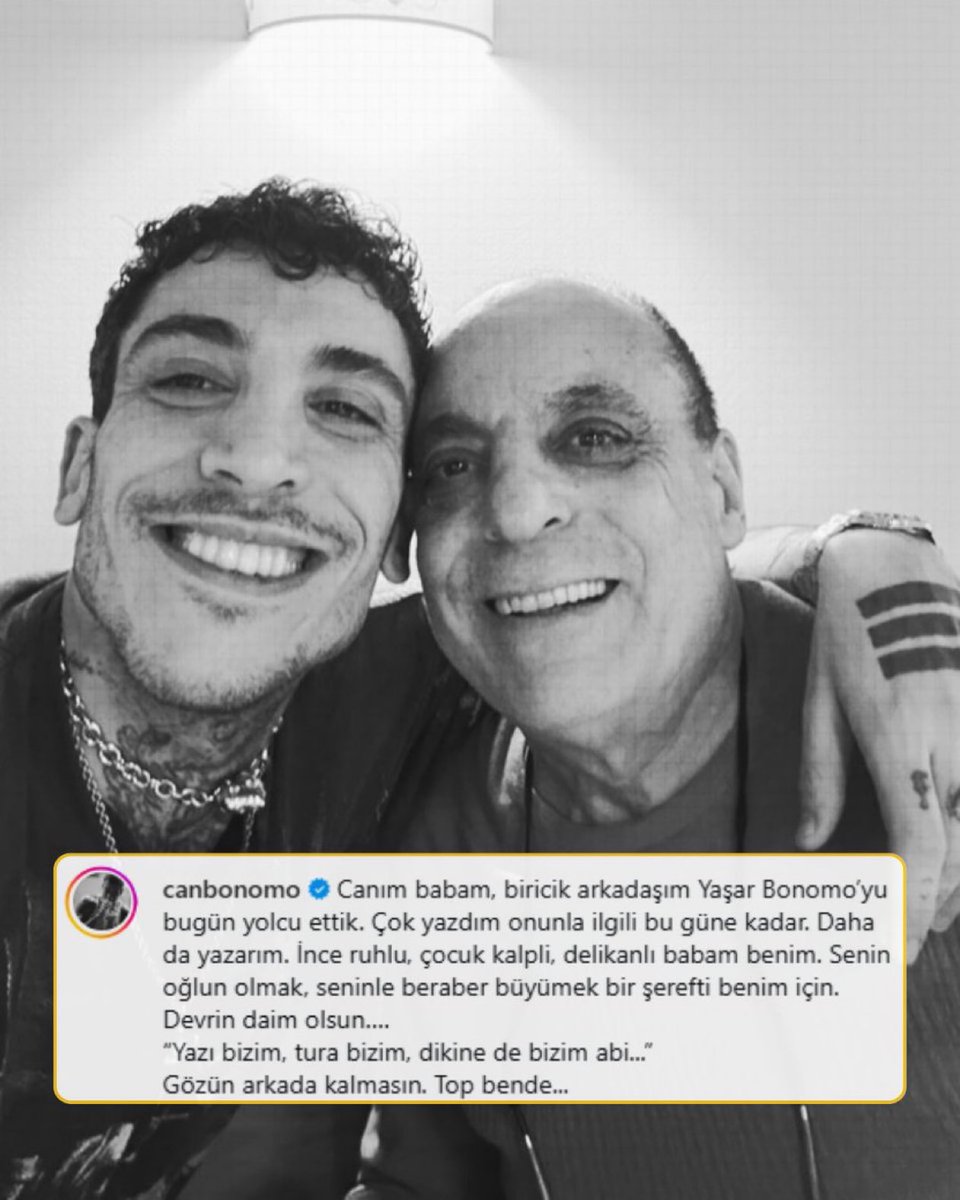 Pointertr's tweet photo. Can Bonomo, babasının hayatını kaybettiğini açıkladı.

“Canım babam, biricik arkadaşım Yaşar Bonomo'yu bugün yolcu ettik. 

Senin oğlun olmak, seninle beraber büyümek bir şerefti benim için. Devrin daim olsun.” https://t.co/ZLwb0r9rTv