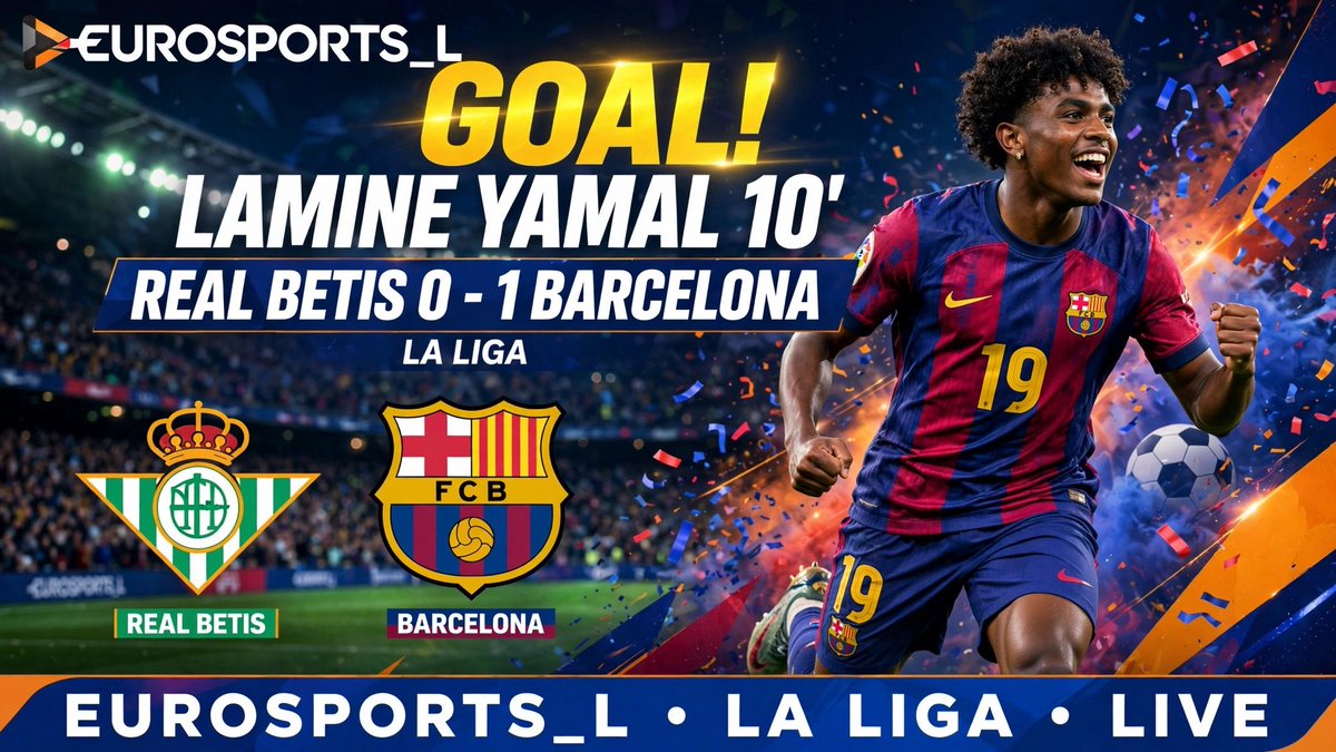 EuroSports_L's tweet photo. 𝐋𝐚 𝐋𝐢𝐠𝐚 — Live
⚽️ GOAL! Lamine Yamal 10'
- Real Betis 0-1 Barcelona!

The wonderkid does it again! ✨ Yamal puts Barça 1Up early at Benito Villamarín!

 #RealBetisBarca #LaLiga #Yamal #FCBarcelona #Eurosports_L https://t.co/fTsyouWT6k
