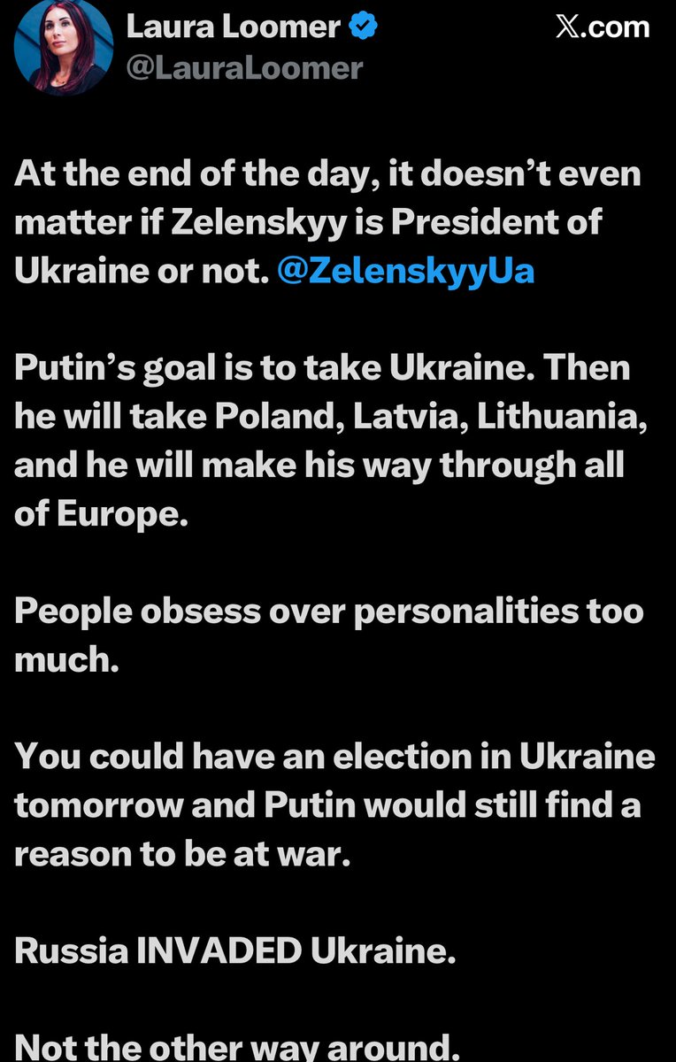 RogerJStoneJr's tweet photo. As is often the case, Laura Loomer who will say anything whatsoever for money ,has no idea what she's talking about.

In both the Budapest Memorandum and the Minsk Accords the United States agreed not to push Ukraine into NATO. In other words not to mount NATO missiles on the ground in Ukraine, aimed at Russia. Joe Biden violated those agreements.

Russia is protecting themselves as they said they would. Zelensky - or someone on his behalf -is now paying Laura Loomer, who has completely changed-her  views .

Now Laura is undermining President Trump as her new boss Zelenskyy violates the energy cease-fire the president negotiated between Russia and Ukraine
