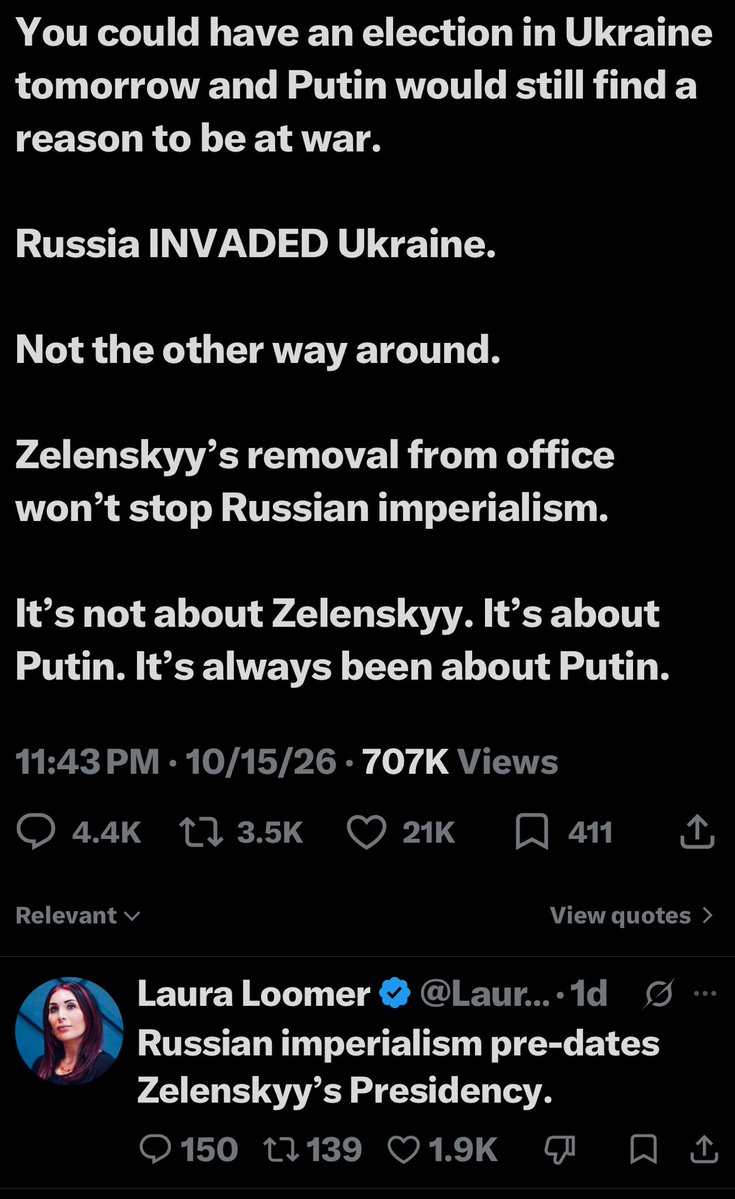 RogerJStoneJr's tweet photo. As is often the case, Laura Loomer who will say anything whatsoever for money ,has no idea what she's talking about.

In both the Budapest Memorandum and the Minsk Accords the United States agreed not to push Ukraine into NATO. In other words not to mount NATO missiles on the ground in Ukraine, aimed at Russia. Joe Biden violated those agreements.

Russia is protecting themselves as they said they would. Zelensky - or someone on his behalf -is now paying Laura Loomer, who has completely changed-her  views .

Now Laura is undermining President Trump as her new boss Zelenskyy violates the energy cease-fire the president negotiated between Russia and Ukraine