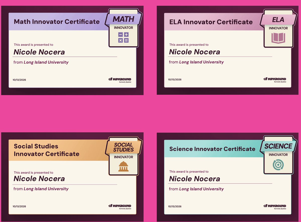 techwithnicole's tweet photo. I completed my Wayground Certifications! 🎉 

Wayground (formerly Quizizz) lets teachers create interactive quizzes with multiple-choice and true-or-false questions. As a future educator, I’d use it to review lessons, check understanding, and identify where students need support! https://t.co/wicLgO3x2r