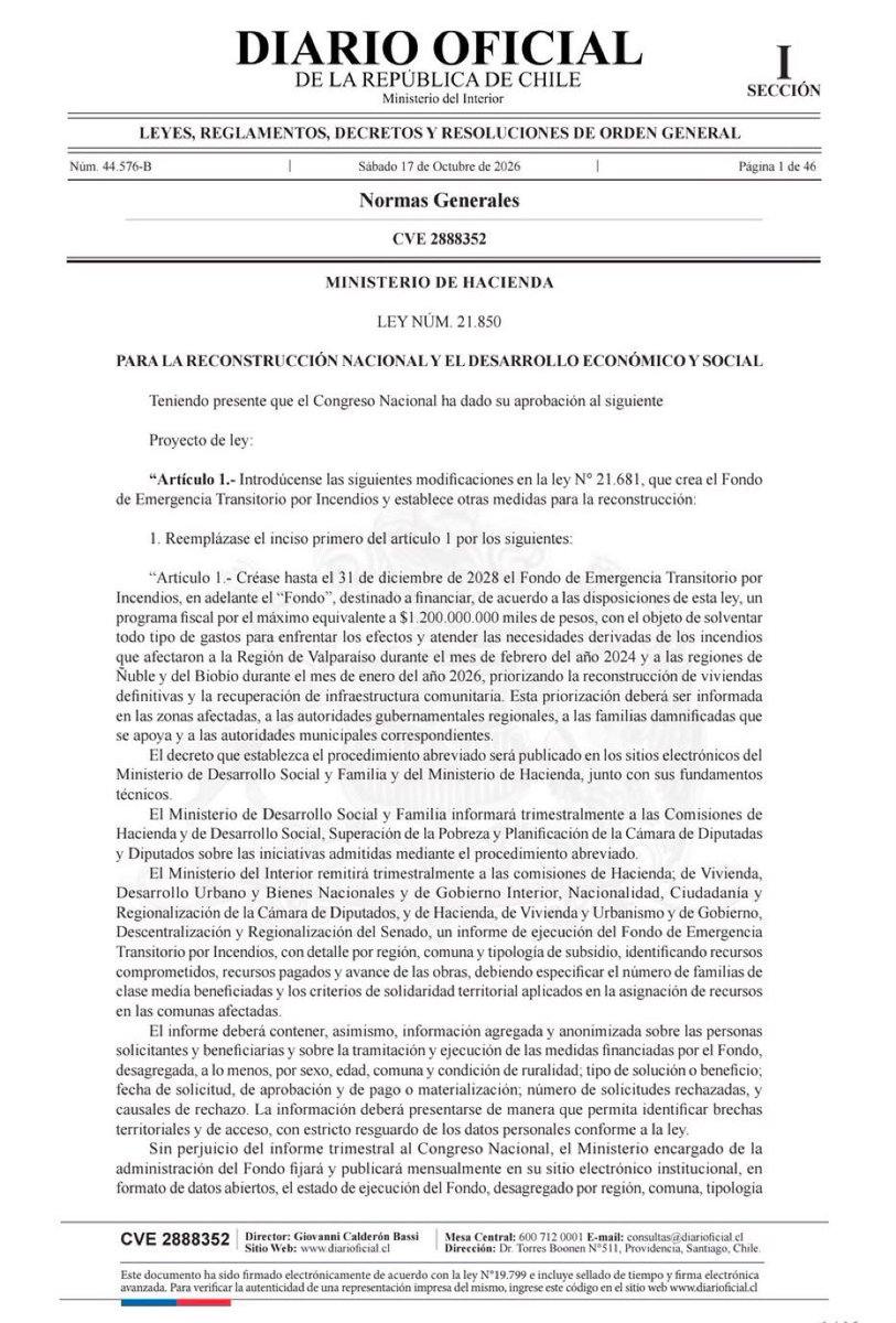 Josefcolagos's tweet photo. 1/8 Hoy se publicó en el Diario Oficial la Ley de Reconstrucción Nacional y Desarrollo Económico y Social, impulsada por el Gobierno del @PresidenteKast.

Una ley con medidas concretas para reconstruir, reactivar la economía, impulsar la inversión y generar más trabajo. https://t.co/czmIWXSxzs