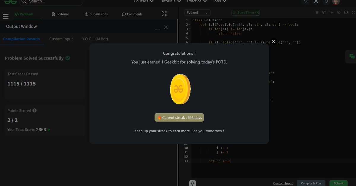 akashasahu07's tweet photo. Day - 698
Convert One String to Another with Constraints Problem
Solved today’s POTD ✅
Checked whether two strings can be transformed by moving A left and B right without crossing each other 🔄💻
#GeeksforGeeks #POTD #DSA #1000DaysOfCode #CodingJourney https://t.co/QqxI9zJn7z
