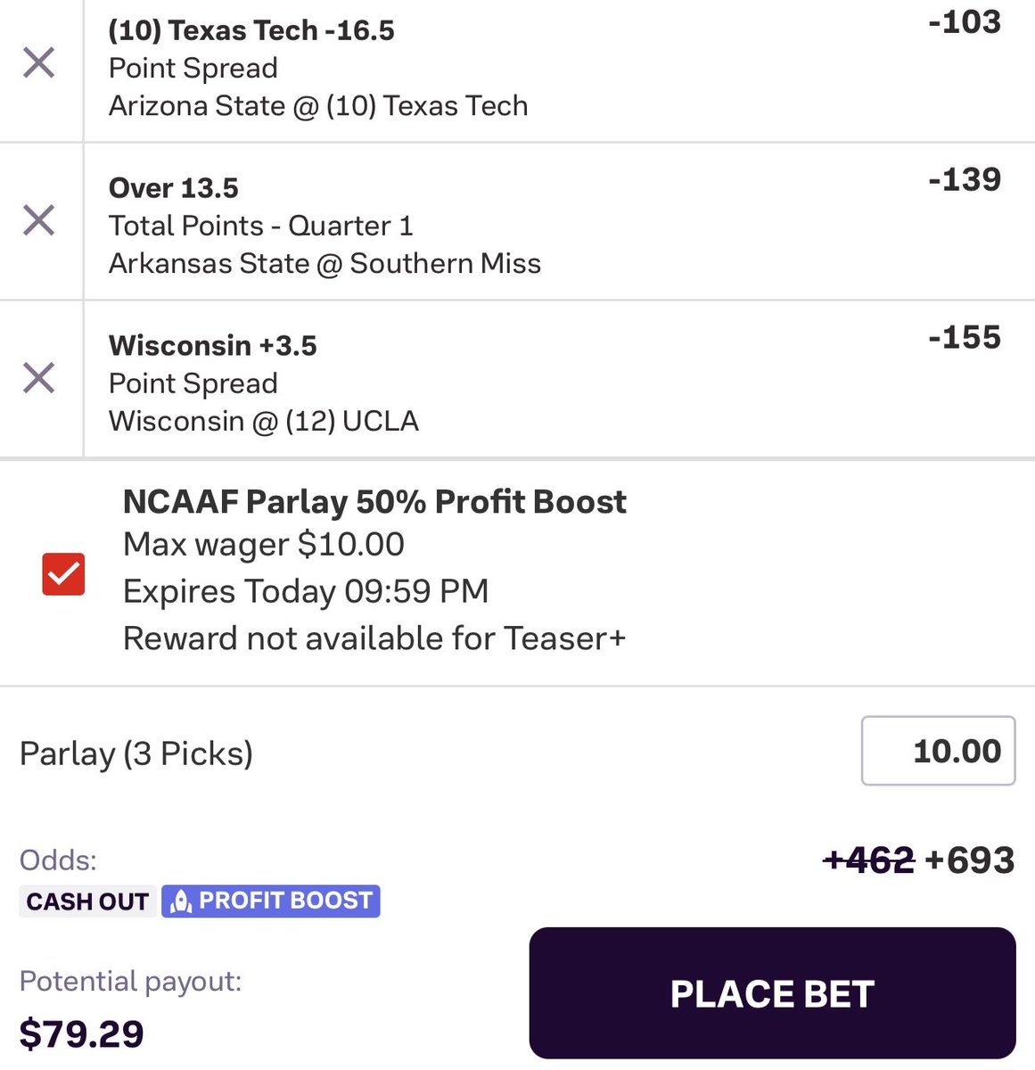 Promos319's tweet photo. BallyBet 50% College Football Parlay Boost Token 🏈

Fair value +481, +36.5% EV. Would go up to 1.8 units 🔥 https://t.co/UaGD7EkBUM