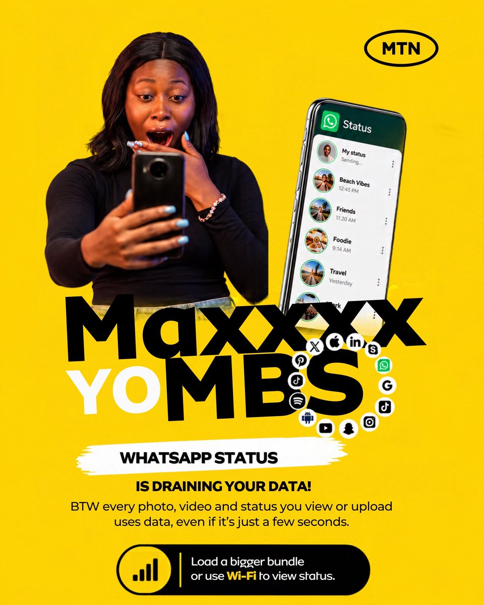 mtnug's tweet photo. Byakyusemu… The new WhatsApp update with status ads consumes lots of data.

Load a bigger bundle or use Wi-Fi to enjoy viewing status updates. #MaxxxxYoMBS https://t.co/s7CmatiZ9L