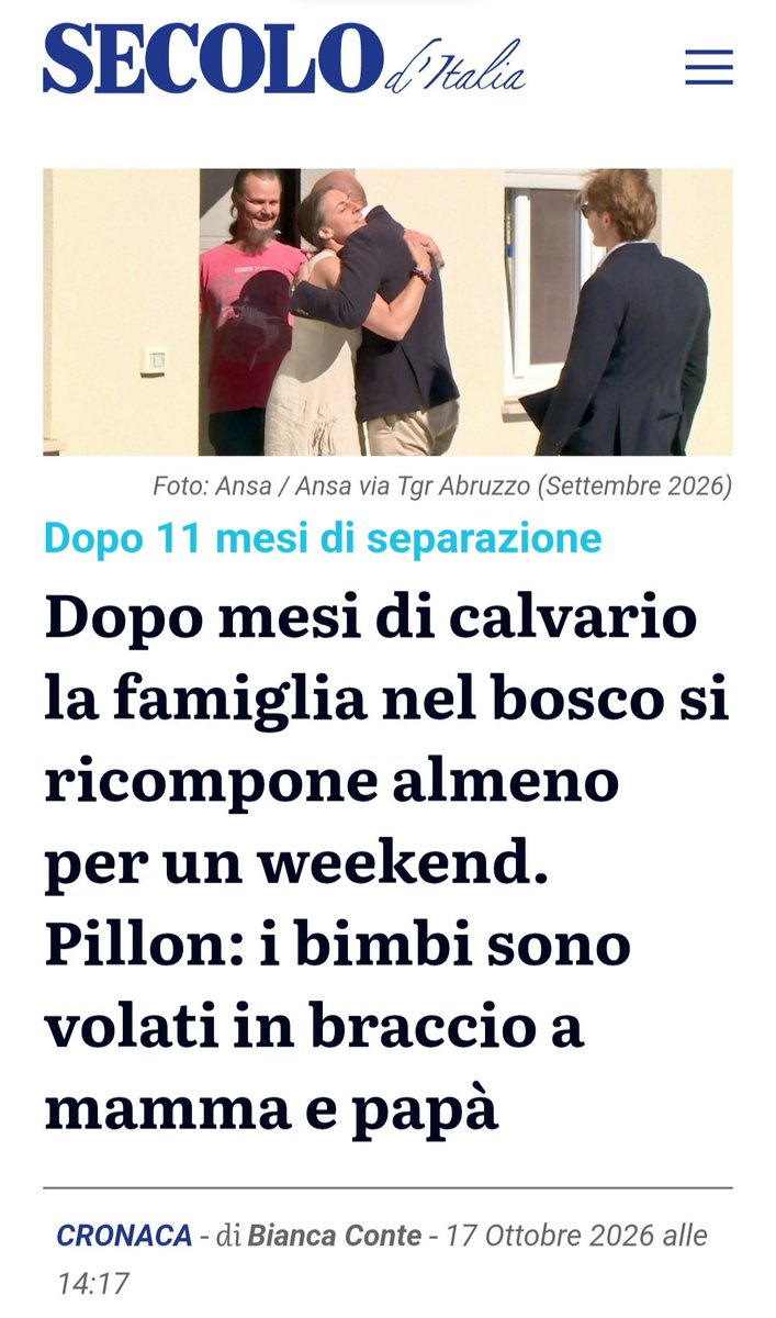 Virna25marzo's tweet photo. E FINALMENTE UNA BUONA NOTIZIA ❤️
"Questa mattina, qualche minuto prima delle 10 – ha spiegato l’avvocato della coppia, Simone Pillon – Nathan e Catherine si sono presentati alla Casa famiglia. I bambini sono letteralmente volati in braccio a mamma e papà pieni di gioia, poi sono saliti in macchina con loro portando i loro piccoli trolley. E tutta la famiglia è ripartita alla volta di Palmoli"
DA SECOLO D'ITALIA ⬇️