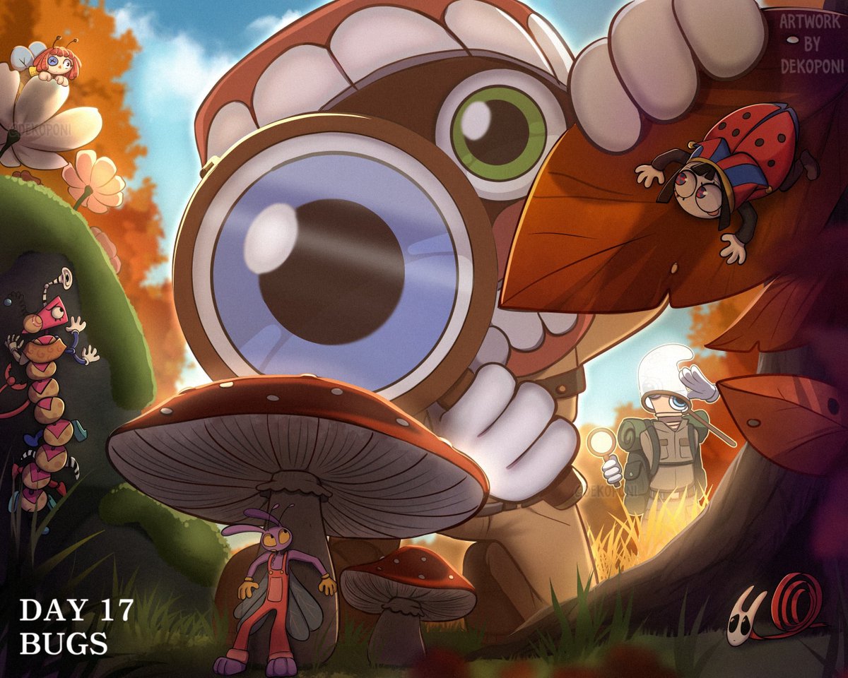 Dekoponi's tweet photo. #Digitaltober Day 17 : Bugs

"Kinger! I'm sensing strong bug activity here!!"

"Smelling butt activity where??"

Find all the bugs! Special adventure for Kinger! 

(Mixa-pillar design from Wonderland AU)
#digitaltober2026 #tadc https://t.co/Adp1yDTXOY
