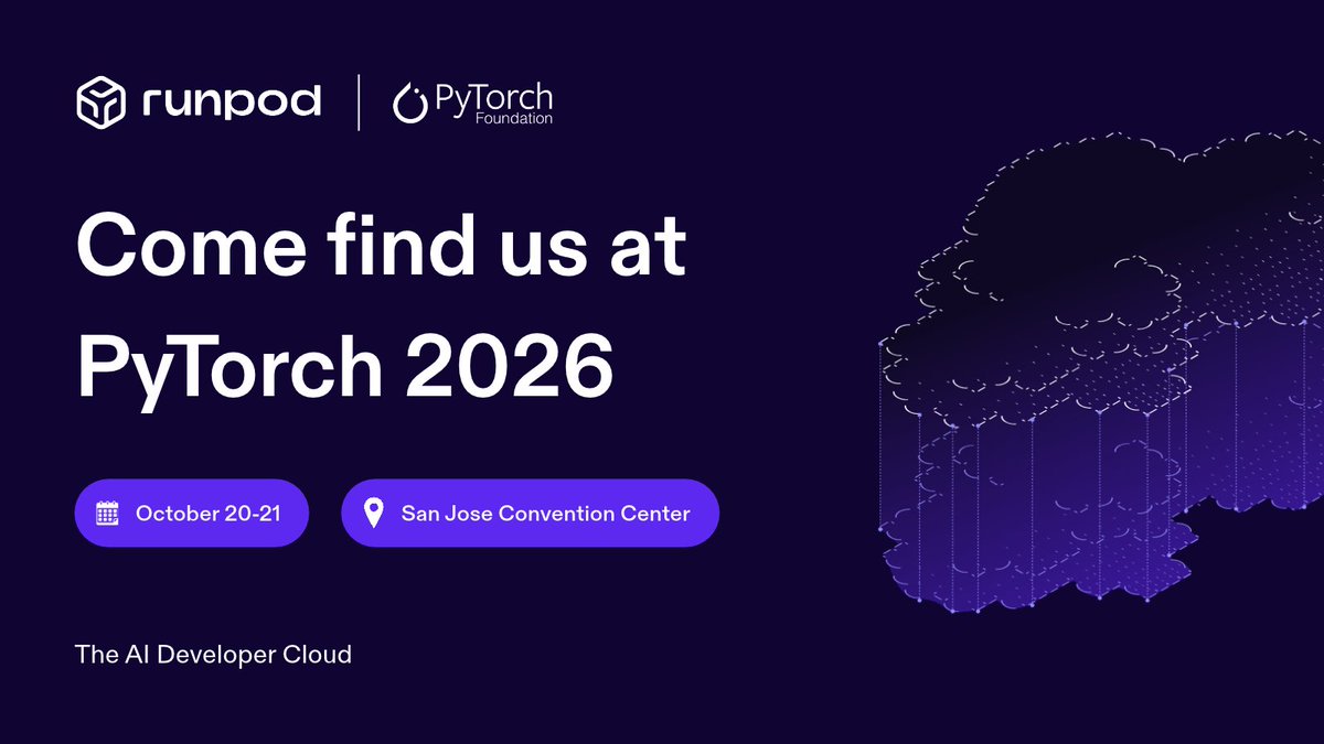 runpod's tweet photo. PyTorch Conference is happening this week in San Jose and we’ll be there.

Come say hi if you’re working on training, inference, or anything PyTorch.

PS: You can register through the link in the comments 👇

https://t.co/m8MHx1xBHh https://t.co/tqtYGbvUgS