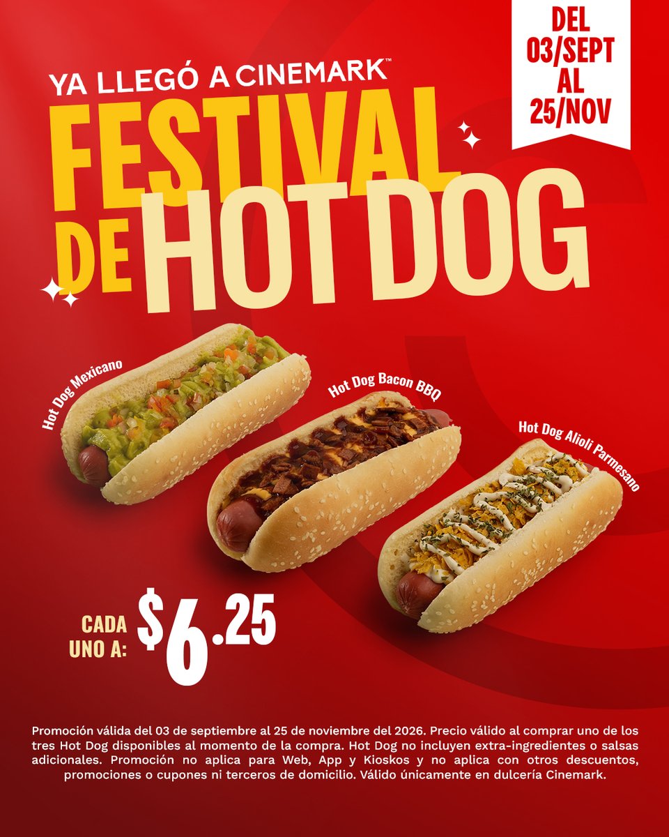 CinemarkPA's tweet photo. Tres Hot Dogs. 🌭 Tres sabores. 😋 Una decisión MUY difícil. 🌭👀🔥 ¿Team Mexicano, Bacon BBQ o Aioli Parmesano? 🤯 Llega con hambre a Cinemark y descubre tu favorito en nuestro #FestivalDeHotDog. 🌭😍 https://t.co/WBpDbjcioc