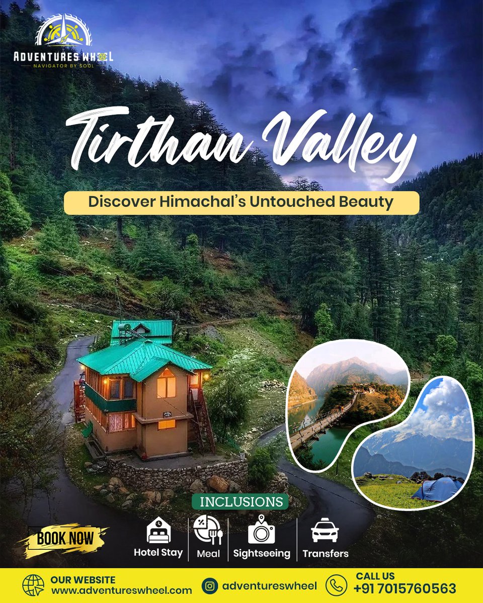 casaspamelks's tweet photo. Discover Himachal’s untouched beauty with Adventures Wheel. Escape to Tirthan Valley’s serene landscapes, lush valleys, and pristine rivers. Includes hotel stay, meals, sightseeing, and transfers. Book your peaceful mountain getaway today! Call +91 https://t.co/c2vnRDcm9r
