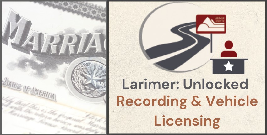 LarimerCounty's tweet photo. Clerk and Recorder Vehicle Licensing and Recording: More than just paperwork!

What happens when I register my vehicle? How is a document recorded, and what happens to that record? Can I get a passport? Can I get a marriage license? 

Find the answers to these questions and much more at the next Larimer Unlocked: Recording and Vehicle Licensing. It’s a part of what your Larimer County Clerk and Recorder does every day.
 
Plus, explore the trove of unique historical records and artifacts, and learn what happens behind the counter. 
Important note: Elections will not be a focus of this event, but stay tuned for another Larimer Unlocked with the Elections Department in 2027! 

🕰️ 5:30 p.m. – 7:30 p.m. 
📆 Oct. 29, 2026 
📍200 W. Oak St., Fort Collins [Administrative Services Bldg.] Hearing Room # 155.

Food will be provided. All community members are welcome [must be 12 and older]. Seating is limited; register to reserve a spot here: https://t.co/kDQSKQmC5N 
Questions? Email us at publicaffairs@larimer.org #LarimerCounty #LarimerClerk