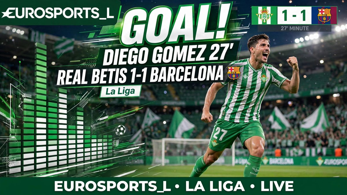 EuroSports_L's tweet photo. 𝐋𝐚 𝐋𝐢𝐠𝐚 — Live 
⚽️ GOAL! Diego Gomez 27'
Real Betis 1-1 Barcelona!

Betis hit back! Gomez levels it at Villamarín — game wide open again! 🔥

#RealBetisBarca #LaLiga #Eurosports_L https://t.co/RGRjXqFtVW