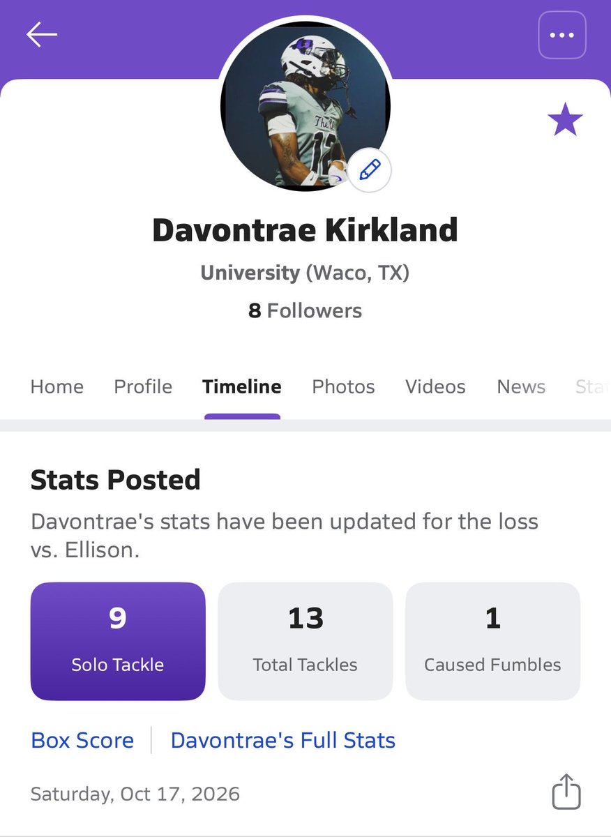 DDavontrae's tweet photo. District Stats vs Ellison 

9-Solo Tackles 
4-Ass Tackles 
13-Total Tackles
2-TFL 
1- Caus Fum  
https://t.co/nP7njN9Igo

@WacoUFootball @CoachCFoster_ @CoachGCarp @RecruitTheU @GrayGrundhoefer @samspiegs  @MikeRoach247 @TheUCReport @BamPerformance @GPowersScout _ @BaylorBears247 https://t.co/RIEWvVi92a