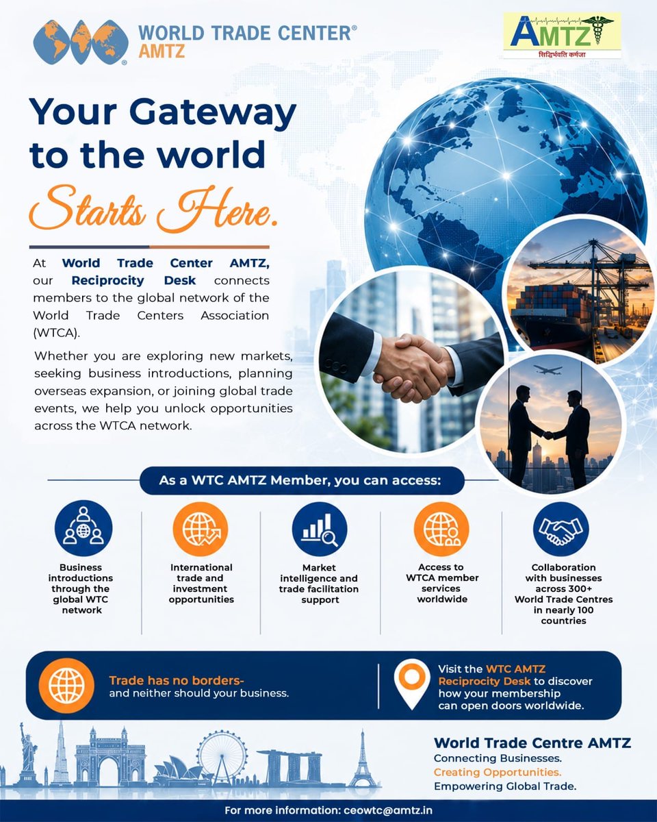 wtcamtz's tweet photo. The @wtcamtz Reciprocity Desk connects you to a global network of 300+ World Trade Centres in nearly 100 countries- helping you build partnerships, explore new markets, and expand your business worldwide.

Start your global journey with @wtcamtz .

#GlobalBusiness #WTCAMTZ https://t.co/eJOUy4s4FI