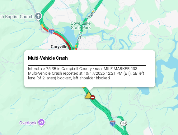 LiveTraffic2's tweet photo. Campbell County/Caryville Area- A crash being cleared on I-75 southbound at 132 mm 1:07pm ET. https://t.co/5uK3es08Su #CommanderChuck #Knoxville #Kentucky #Tennessee #TDOT #Traffic #TrafficAlert #Follow #Gas #Live #THP #Weather #UT #GBO #UTVOLS #VFL https://t.co/b3czW1F3gv