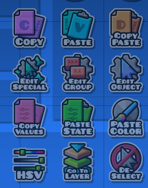 Alkatreize_'s tweet photo. Update for 2.209

Everything from the previous pack + icon bug fixes, new BetterEdit textures for buttons, the Edit tab, etc., and the % trigger. https://t.co/rmdOSB2BAV
