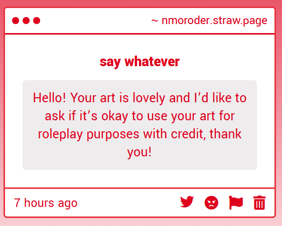 nmoroder_main's tweet photo. don't use my art for AI chatbots, the rest is fine with giving credit https://t.co/DQLysXzf0Z