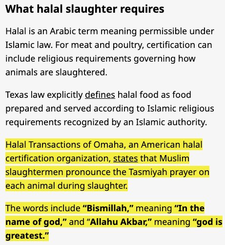 LauraLoomer's tweet photo. I’ve been warning you about this for a long time.

Administrators and parents in Texas school districts had no idea their kids were being fed chicken from animals abused and killed by barbaric Islamic halal slaughter methods.

Halal means that animals are violently killed while conscious and Islamists recite “Bismillah” and “Allahu Akbar” as they slash their throats.

These districts say the halal products came through the U.S. Department of Agriculture’s @USDA purchasing system.

That is very disturbing to me. @SecRollins 

Americans have right to know if the food being served to their kids is being tainted by disgusting Islamic animal abuse.

 Agriculture Secretary Brooke Rollins @SecRollins:

Why is the USDA putting meat from animals tortured through Islamic ritual slaughter into American kids’ school lunches?

This is not what I voted for. This should be shut down immediately.

@USDAnutrition @USDA_AMS @USDAFoodSafety @KenPaxtonTX 

Read the full story here:

https://t.co/48EU0GmRS6