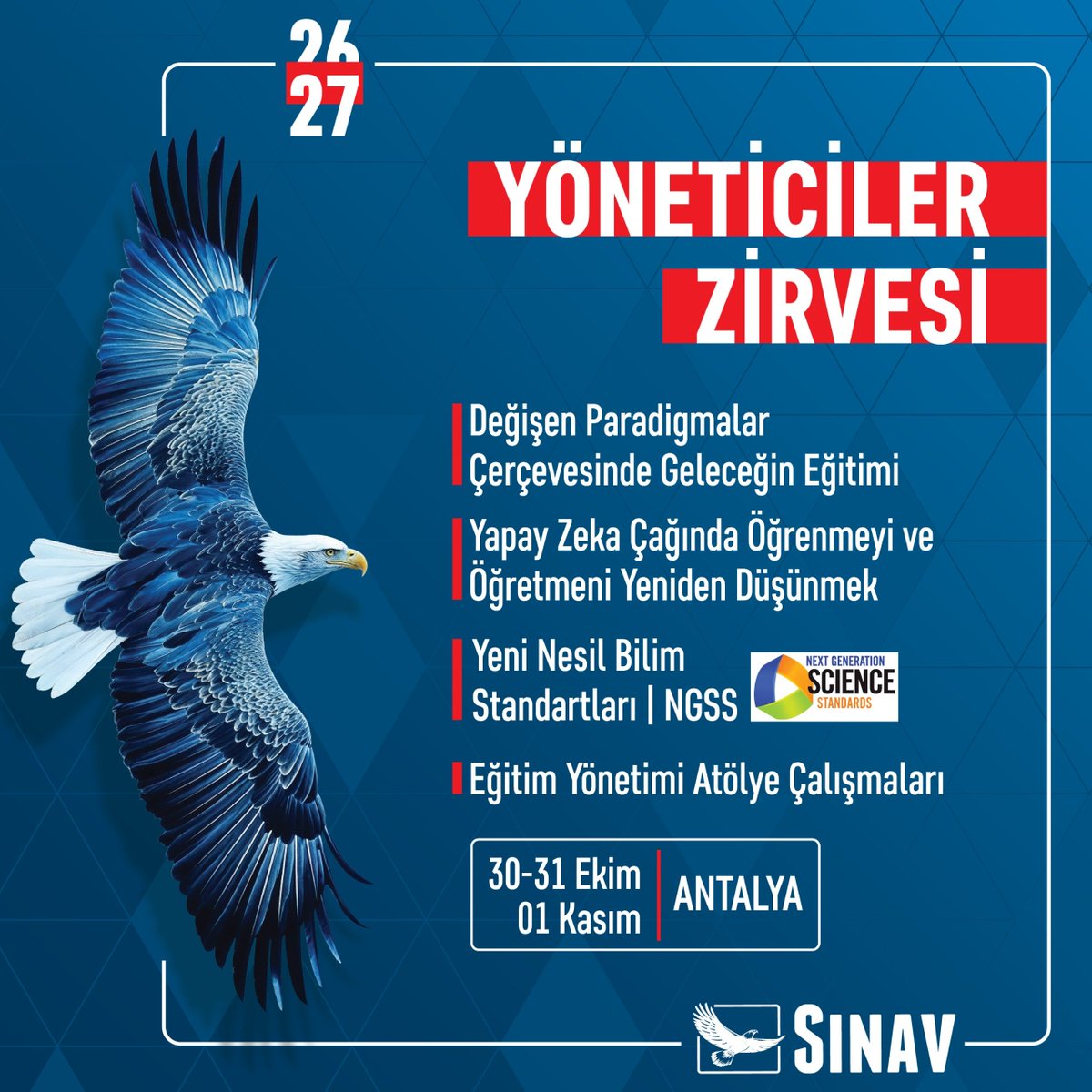 MetinOzerSinav's tweet photo. SINAV EĞİTİM KURUMLARI
2026-2027 EĞİTİM DÖNEMİ
YÖNETİCİLER ZİRVESİ

Türkiye’nin dört bir yanındaki kurumlarımızdan gelen yüzlerce eğitim yöneticimiz ve alanında uzman akademisyenlerle “Eğitimde Değişen Paradigmalar”ı konuşmak ve atölye çalışmaları yapmak üzere 30 - 31 Ekim ve 1 Kasım’da Antalya’dayız.