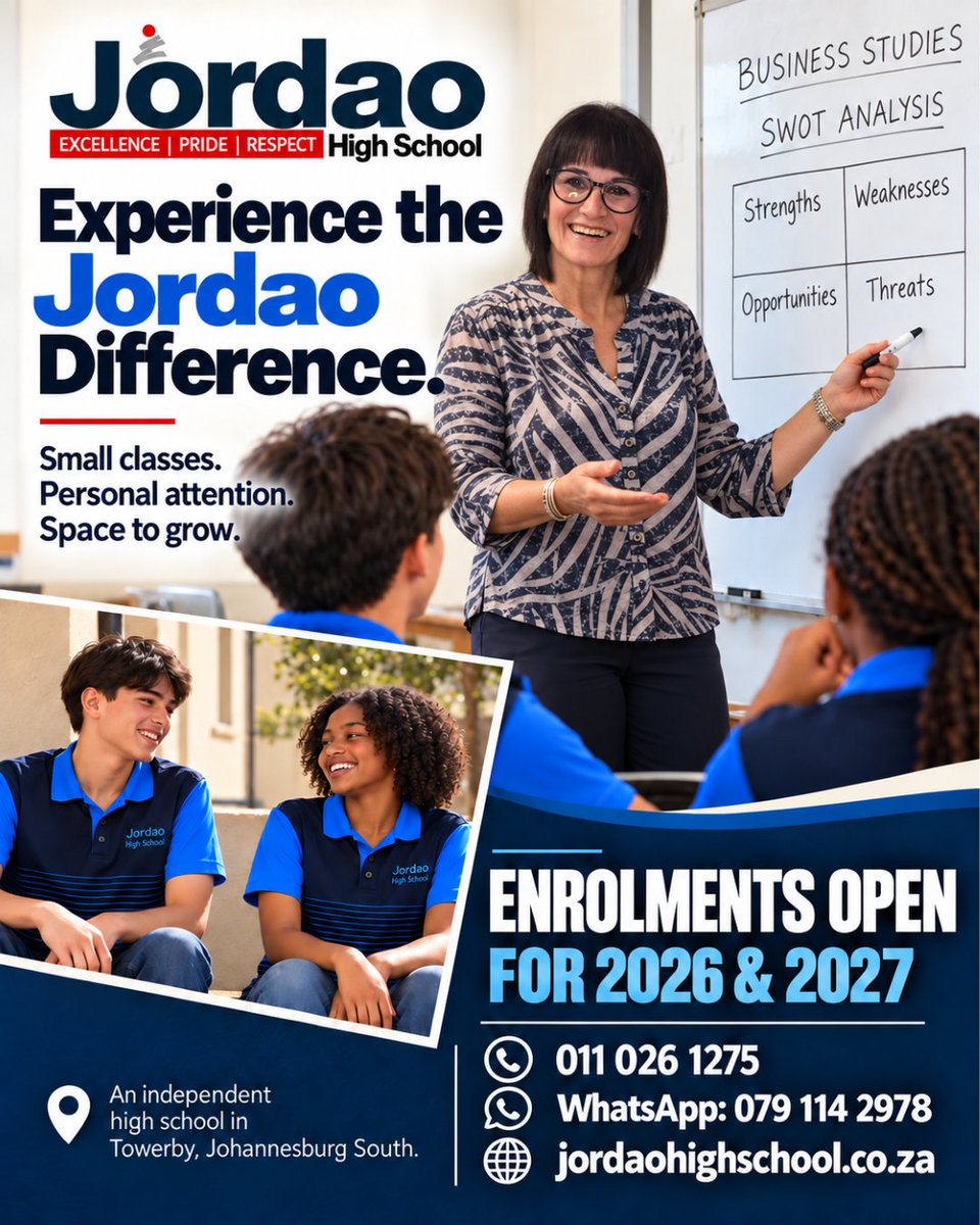 jordaohigh's tweet photo. mall classes. Personal attention. Space to grow. ๐ Experience the Jordao Difference in Towerby, Johannesburg South.
Enrolments open for 2026 & 2027.
๐ฌ 079 114 2978
๐ https://t.co/cI4TY66qOp
#JordaoHighSchool #EnrolNow https://t.co/2rtolaEYdB
