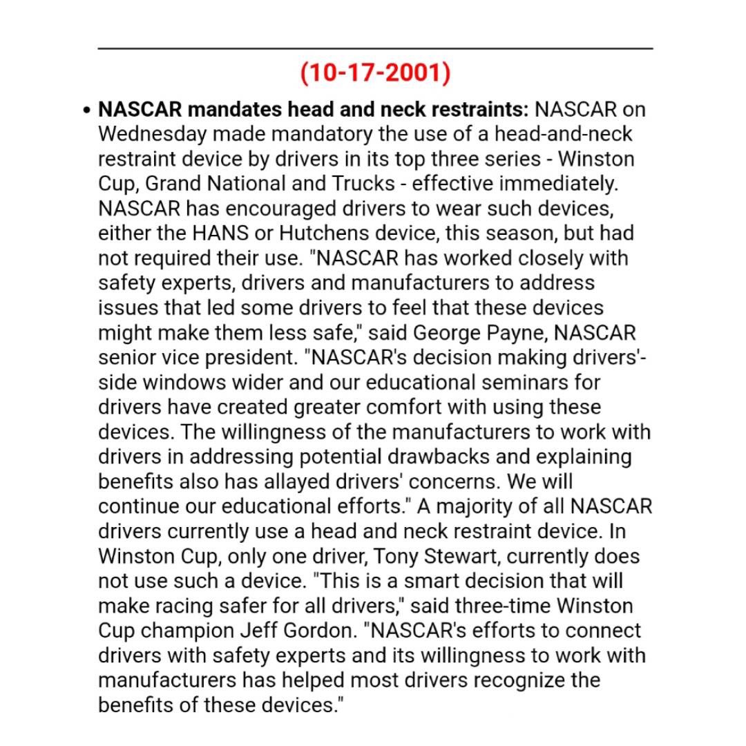 25YearsAgoLive's tweet photo. NASCAR mandates that all drivers must wear a head restraint device in competition, either the HANS or Hutchens Device.

Because of the cost involved, Jeff Green offers to buy one for any driver who cannot afford one. https://t.co/fk80f5mVOF
