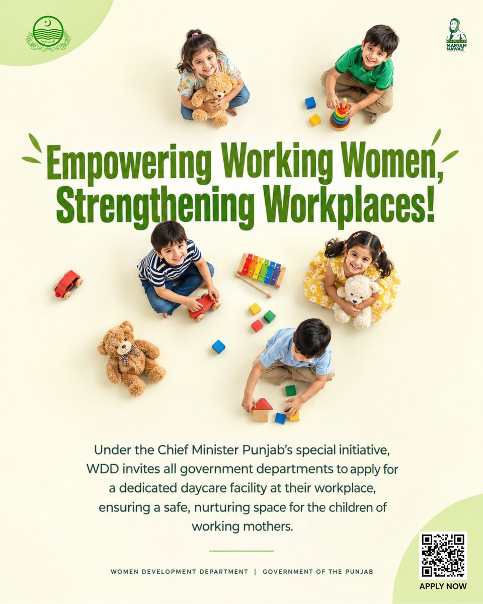 WDD_Punjab's tweet photo. Under the Chief Minister Punjab's initiative, the Women Development Department invites all government departments to establish workplace daycare facilities for a safe and supportive environment for working mothers.
Apply now: https://t.co/GTMun3SJfD
@MaryamNSharif #wdd #wddpunjab https://t.co/CObJ1J4D4r