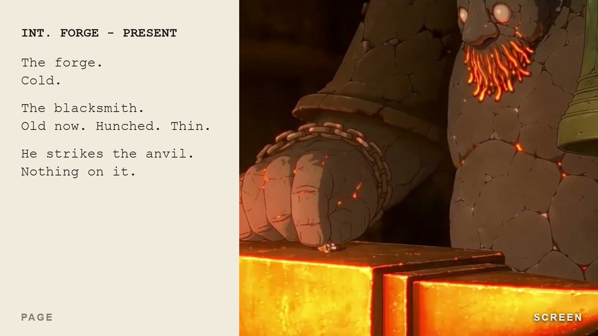 BDFrankHoubre's tweet photo. My script for Lost Garden episode 2 says the blacksmith is old, hunched and thin, hammering an empty anvil in a cold forge.

On screen he became a stone giant with a beard made of embers.

Somewhere between the page and the render, "thin" got lost. https://t.co/NYyRZ7a2zF