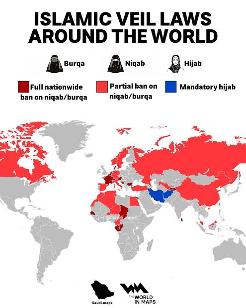 valonadthe's tweet photo. one of the most baffling myths is thinking that women in every muslim society are legally required to wear hijab

quite literally only 2 countries do that. There are way more countries banning women from wearing clothes. https://t.co/rWFJlGeYjS
