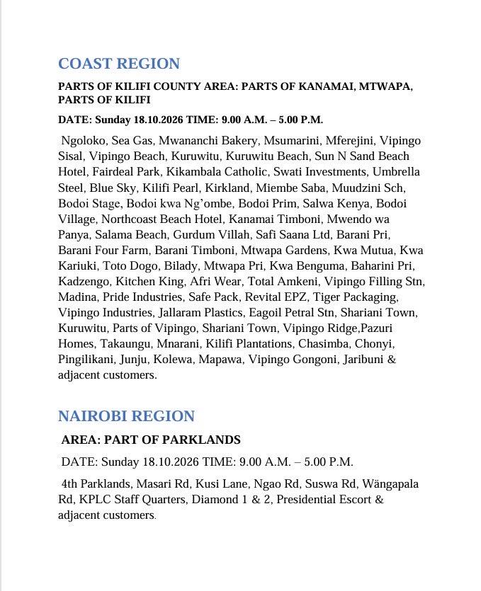 KenyaPower_Care's tweet photo. Good evening, Kindly find attached the list of areas scheduled for planned power maintenance tomorrow (18.10.2026). ^HM https://t.co/BucwwiyrHN