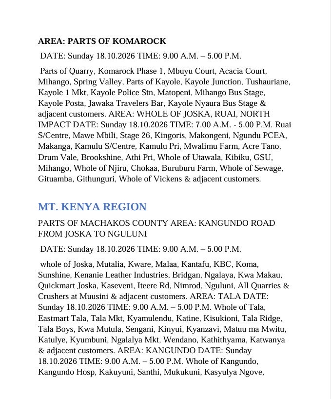 KenyaPower_Care's tweet photo. Good evening, Kindly find attached the list of areas scheduled for planned power maintenance tomorrow (18.10.2026). ^HM https://t.co/BucwwiyrHN